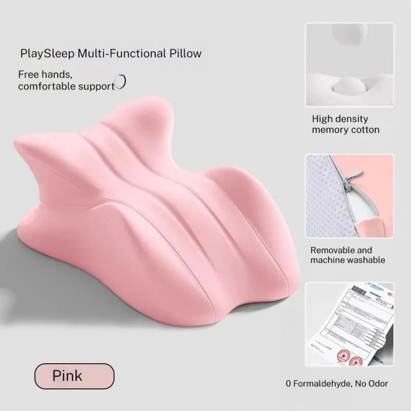 Pink PlaySleep Multi-Functional Pillow offers stylish comfort with memory foam and washable cover, ideal for intimate and relaxing moments.
