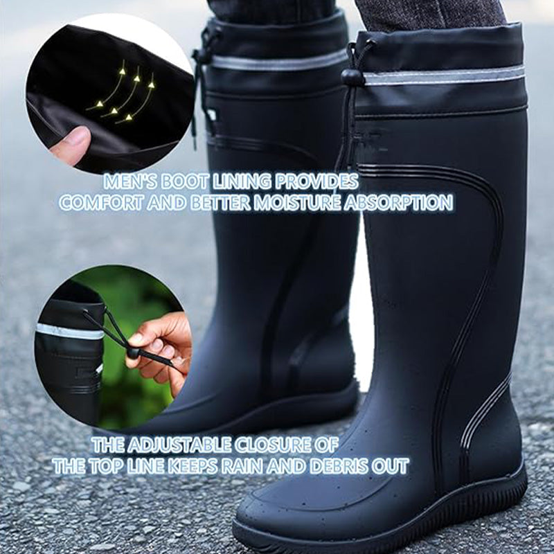 Men's Rain Boots with moisture-absorbing lining and adjustable top closure to keep out rain and debris during outdoor use.