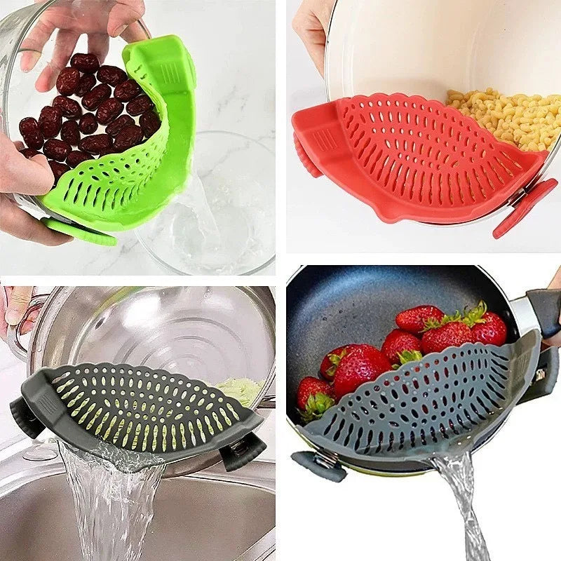 Silicone Strainer - Noodle Vegetable | Spill-Free Design in red, green, and gray used to strain pasta, berries, and vegetables from pots and pans.