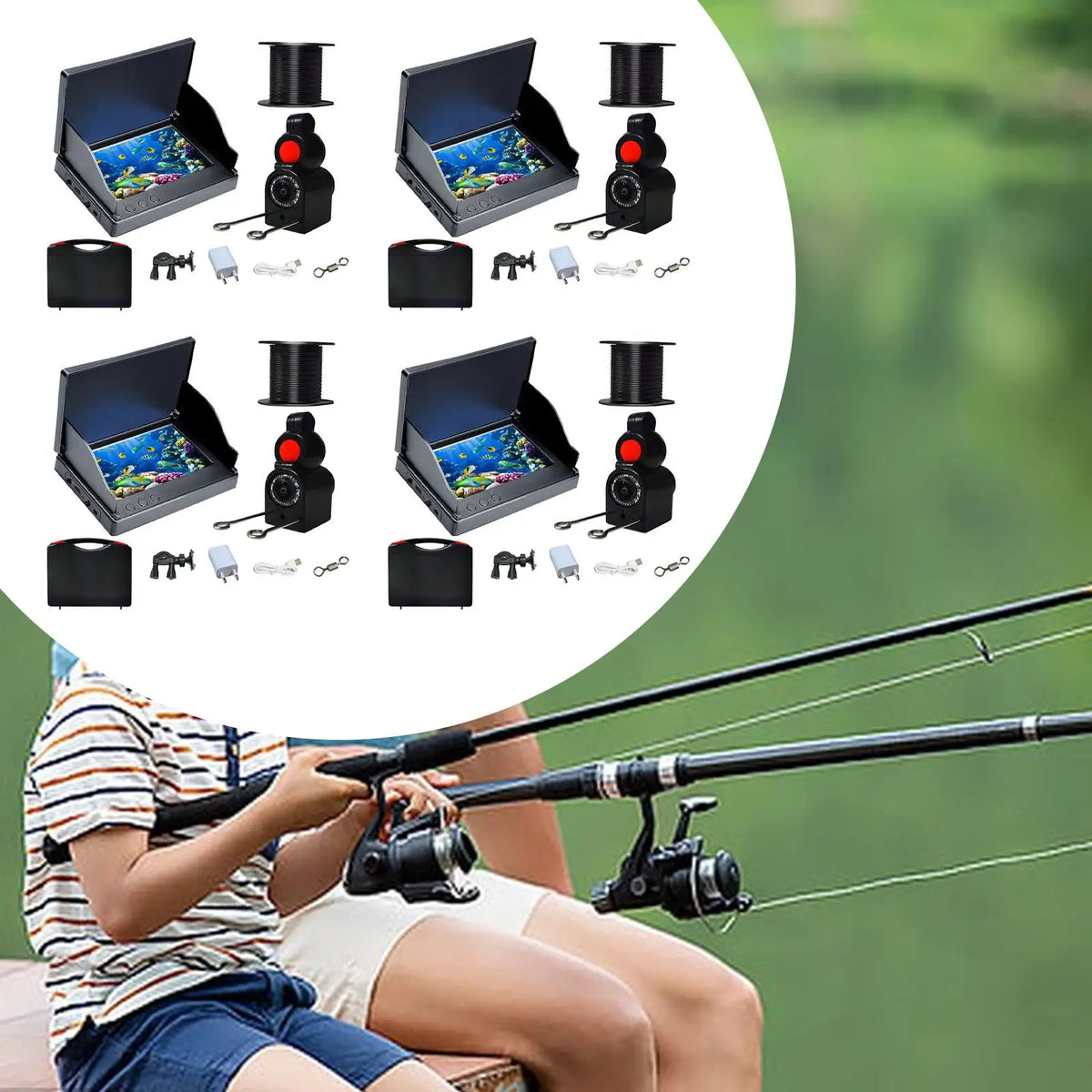 Anglers using Waterproof Fishfinder Camera with 4.3-inch display and 6 LEDs, perfect for real-time underwater fishing in lakes or rivers.