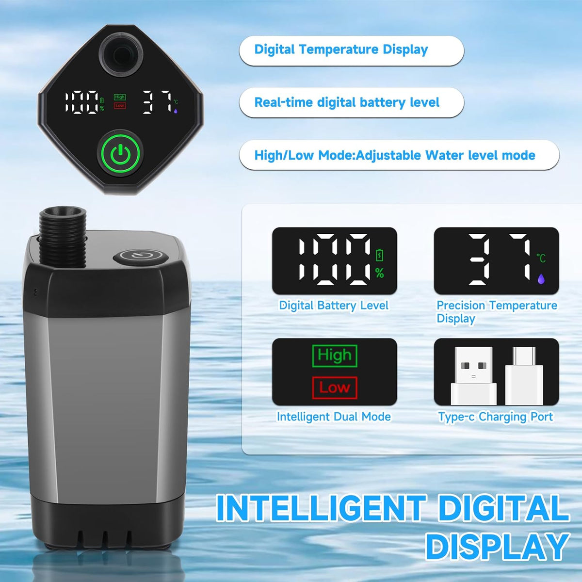 Digital display on camping shower pump showing battery level and water temperature with dual water flow modes for outdoor convenience.