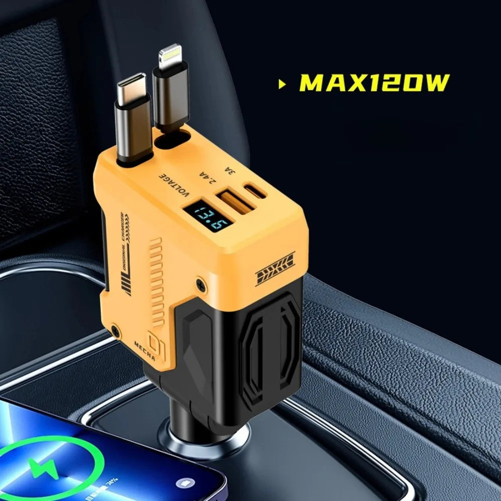 Universal Car Charger - 4 Port QC PD Adapter in yellow with 120W max output, charging a phone wirelessly in a car's center console.