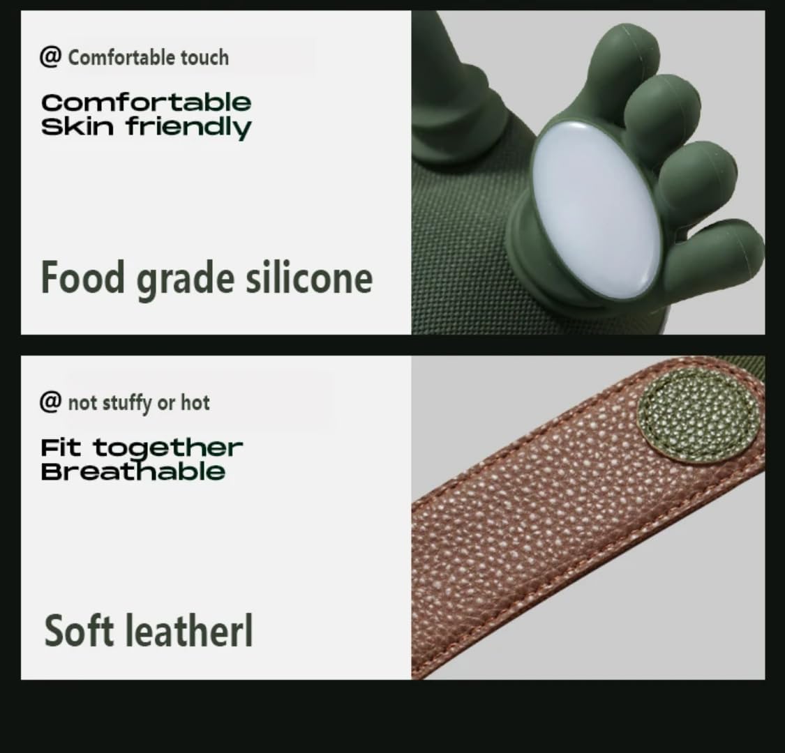 Close-up of Bionic Massager's food-grade silicone palm and breathable leather strap, highlighting skin-friendly and comfortable materials.