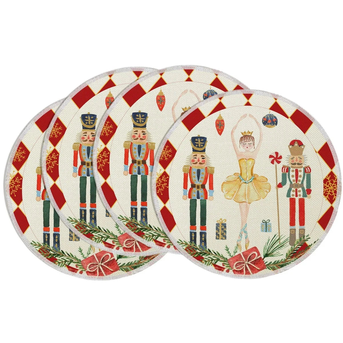 Set of four Christmas linen round coasters with Nutcracker and ballerina design, ideal for festive table decor and drink protection.
