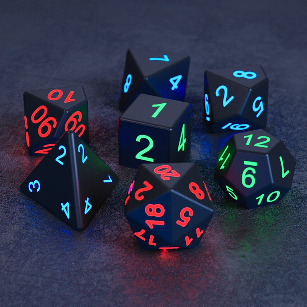 Colorful Luminous LED RPG Dice Set with red, green, and blue glowing numbers, perfect for immersive DND and tabletop role-playing games.