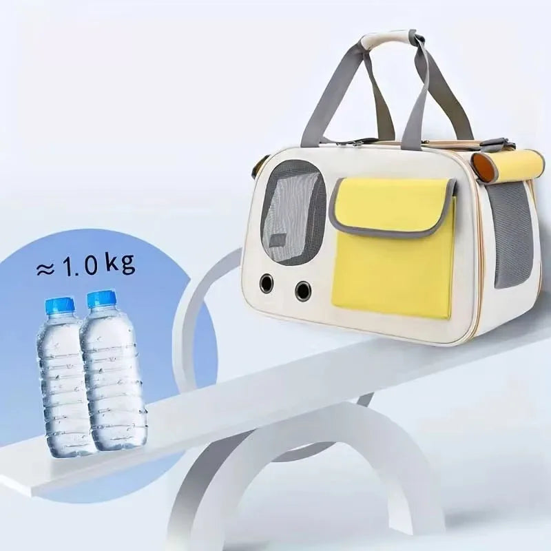 Lightweight yellow travel pet carrier bag weighing around 1.0 kg, designed for easy travel with cats and dogs, featuring mesh sides and front pocket.