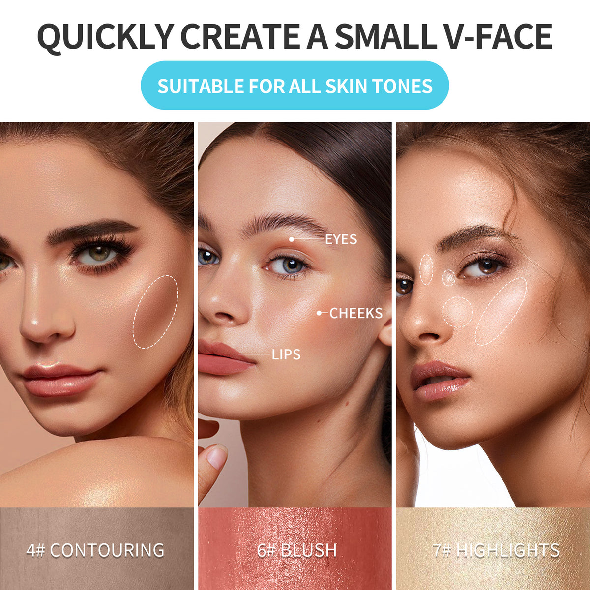 TRIPLE THREAT GLOW KIT with face chart showing contour, blush, and highlight placement. Suitable for all skin tones.