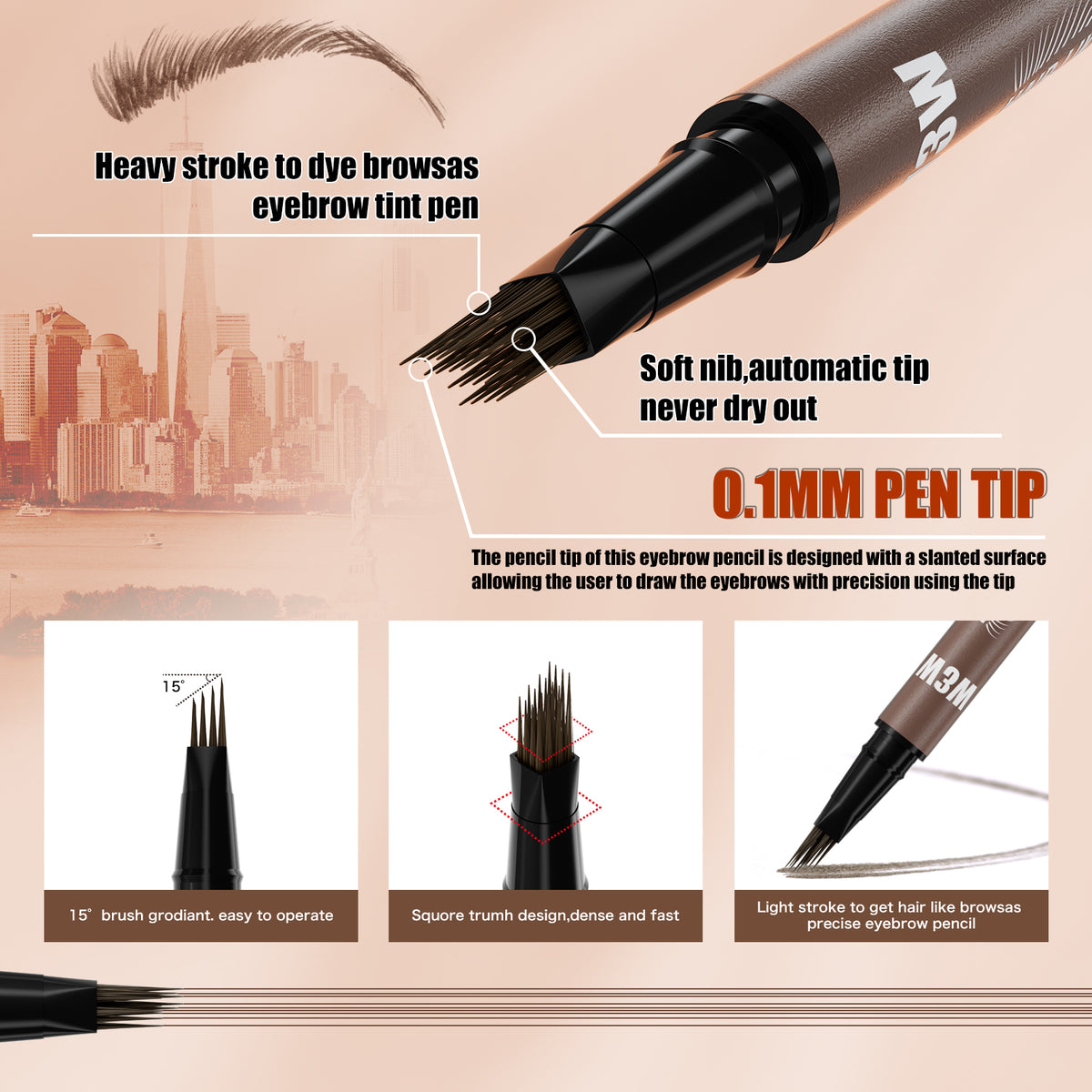 Detailed view of 0.1mm eyebrow pen tip with angled design for precise brow shaping and tinting using soft, automatic brush strokes.