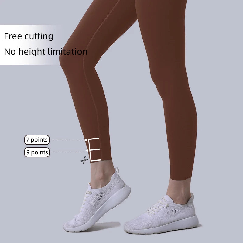 Brown leggings with adjustable length feature, showing free cutting option for 7 or 9 point fit with no height limitation.
