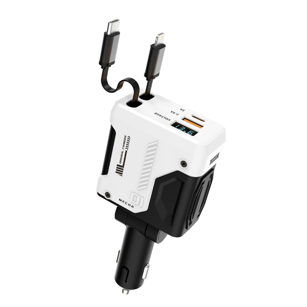 White Universal Car Charger - 4 Port QC PD Adapter with retractable USB-C and Lightning cables, dual USB ports, and voltage display for car charging.
