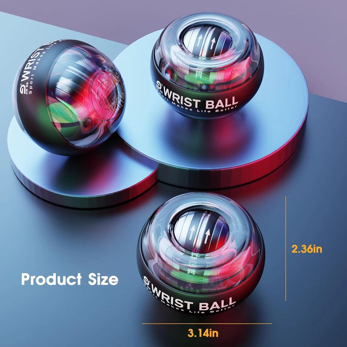 Three Gyro Ball Trainers displayed with size dimensions 3.14in x 2.36in, highlighting compact design for portable wrist exercise.