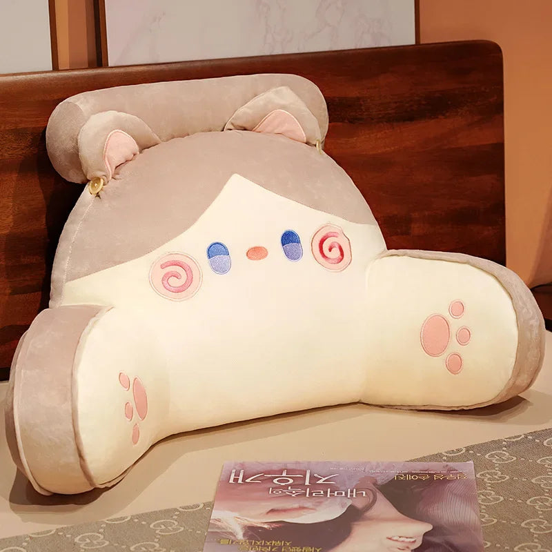 Tan and cream cartoon bear backrest pillow with blue eyes and pink cheeks, offering lumbar support for beds or chairs.