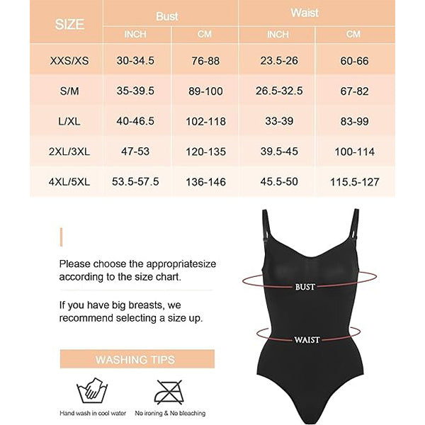 Size chart for black Seamless Tummy Control Bodysuit with bust and waist measurements in both inches and centimeters for best fit.