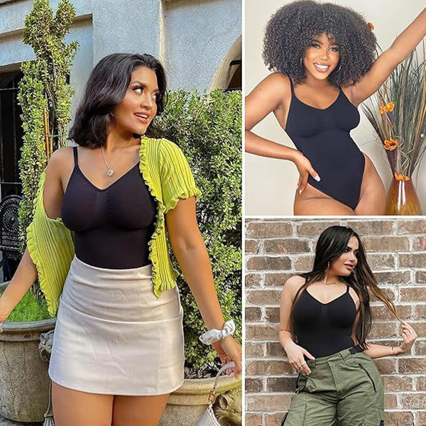 Models wearing black Seamless Bodysuit - Tummy Control styled with skirts and pants, showcasing its versatility for daily outfits.