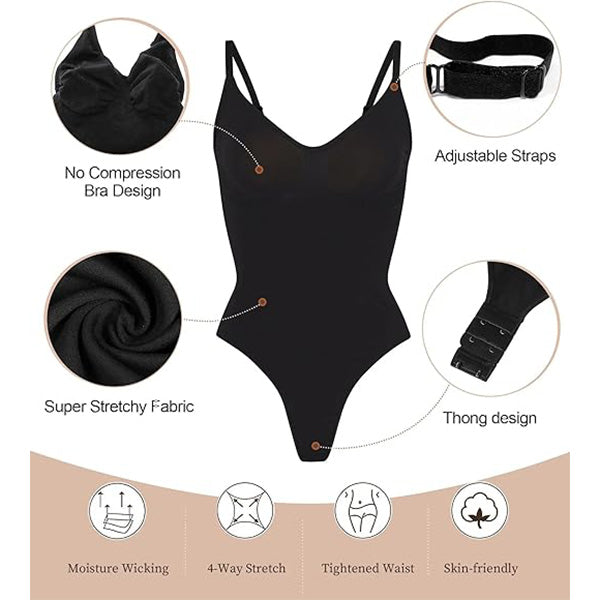 Feature diagram of black thong-style Seamless Tummy Control Bodysuit with super stretchy fabric and adjustable straps for comfort.