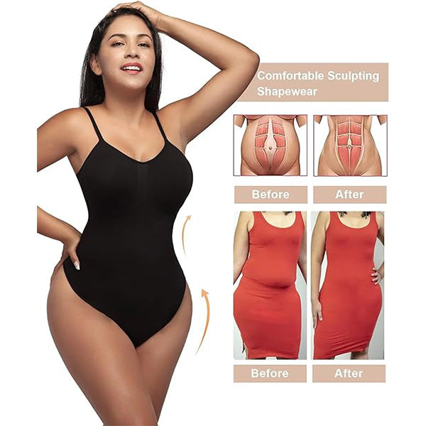Seamless Bodysuit - Tummy Control shapewear shown in black with before-and-after slimming results and body sculpting benefits.