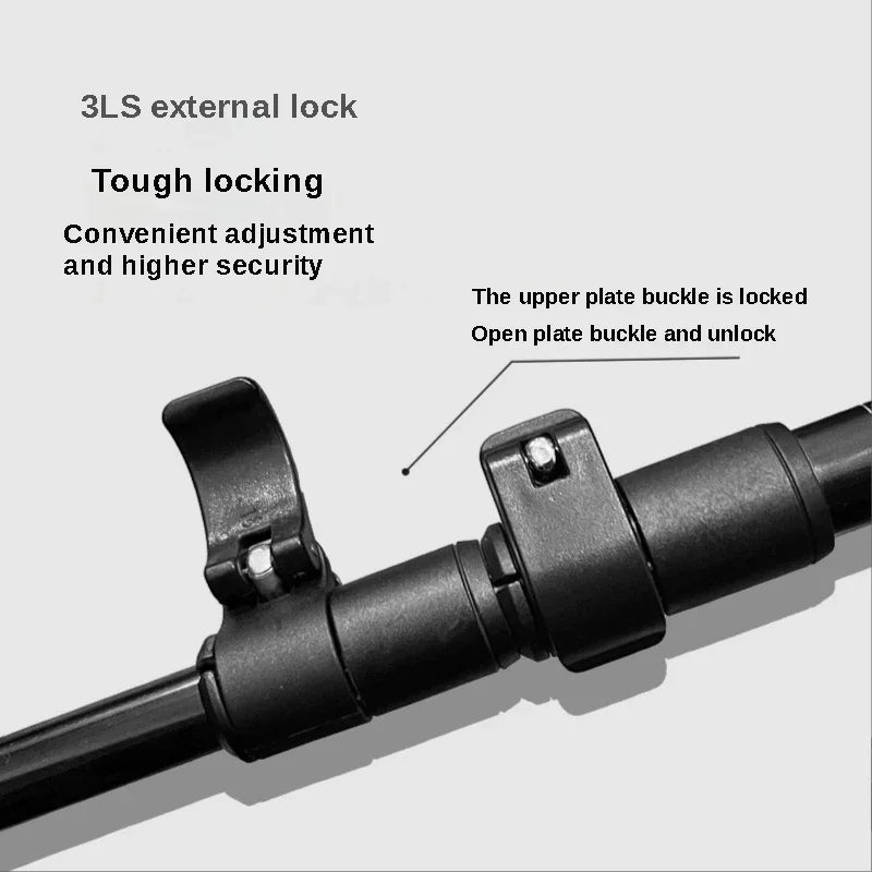 Detailed view of 3LS external quick lock mechanism on trekking pole, ensuring secure and adjustable length settings.