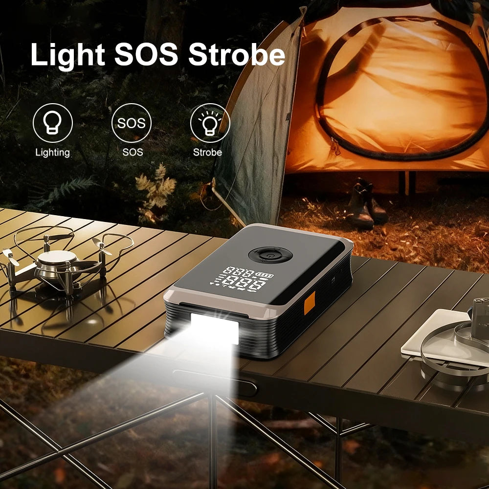 Multi-Function Car Jump Starter with SOS strobe light feature, shown on a camping table for emergency outdoor lighting.