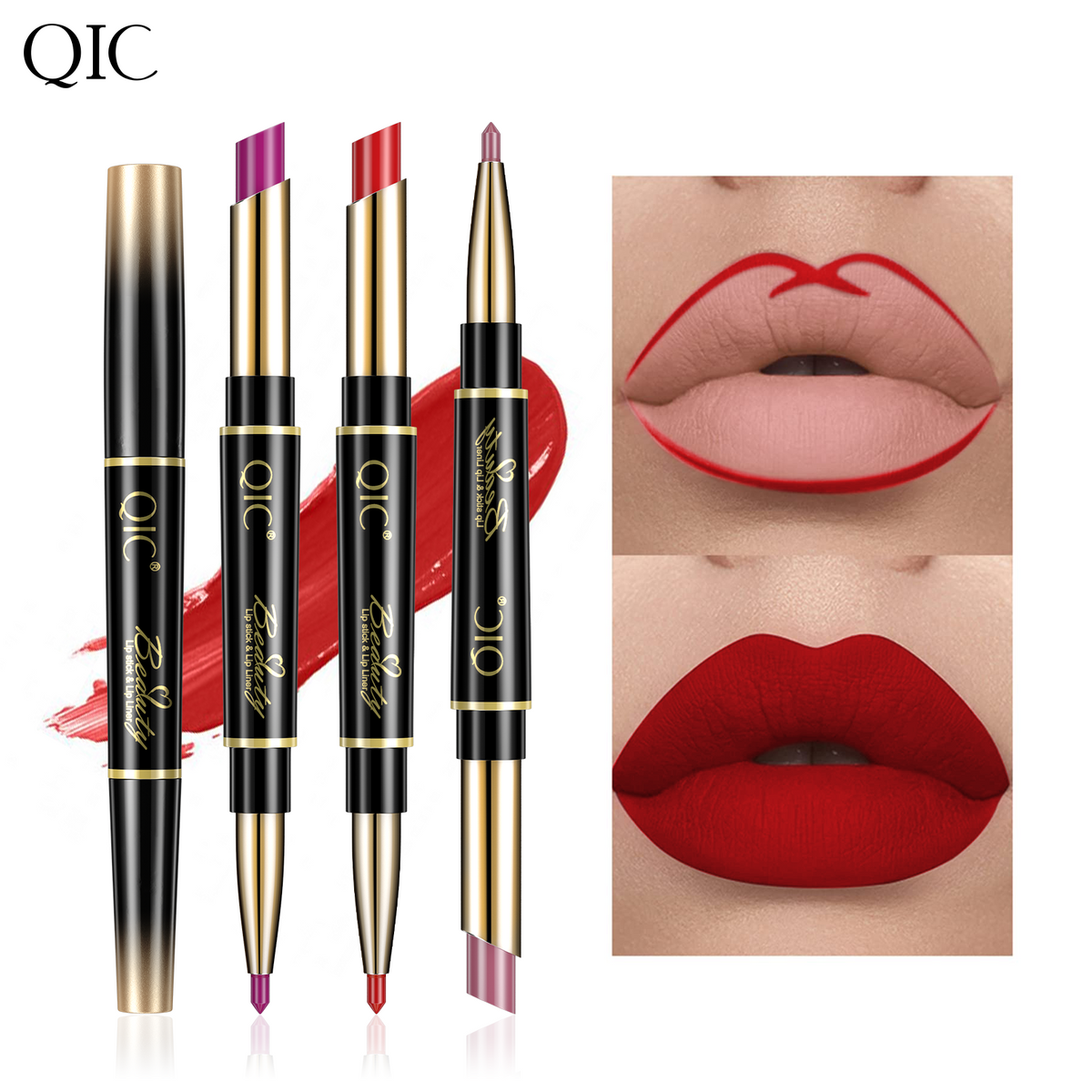 Three shades of 2-in-1 Dual-Ended Lipstick & Liner Matte Waterproof & Transfer-Proof with lip liner and full lip application visuals