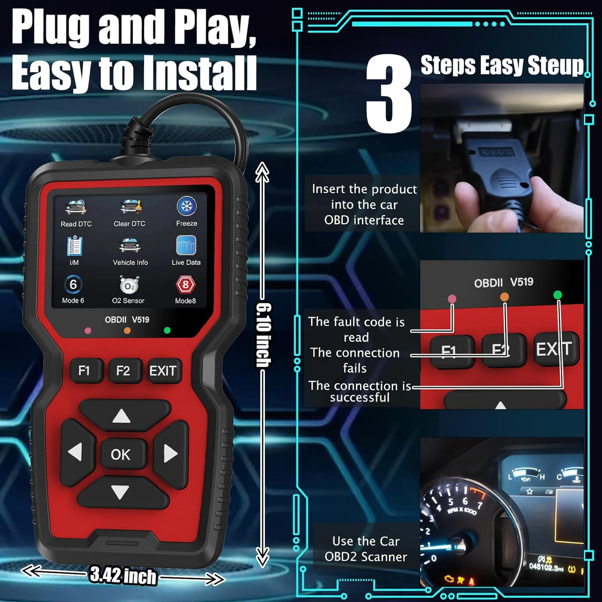 Plug and play OBD2 Scanner with easy 3-step setup, showing how to connect to the car’s OBD interface for instant diagnostics.