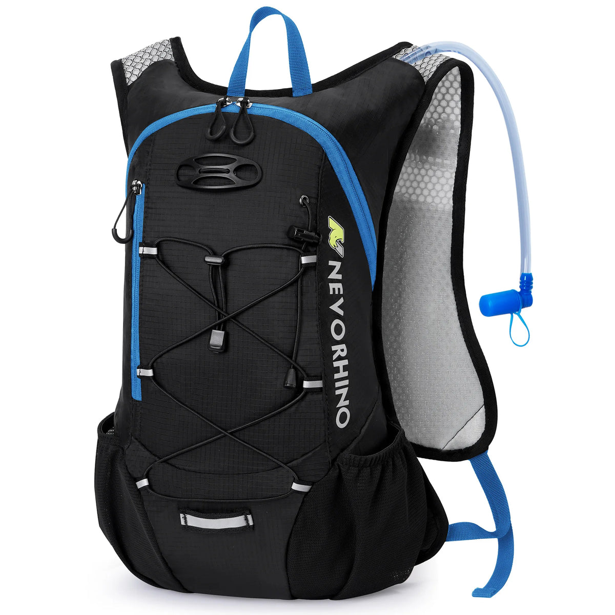 Black hydration backpack with blue trim, 2L leakproof bladder and reflective strap, ideal for cycling and trail running.