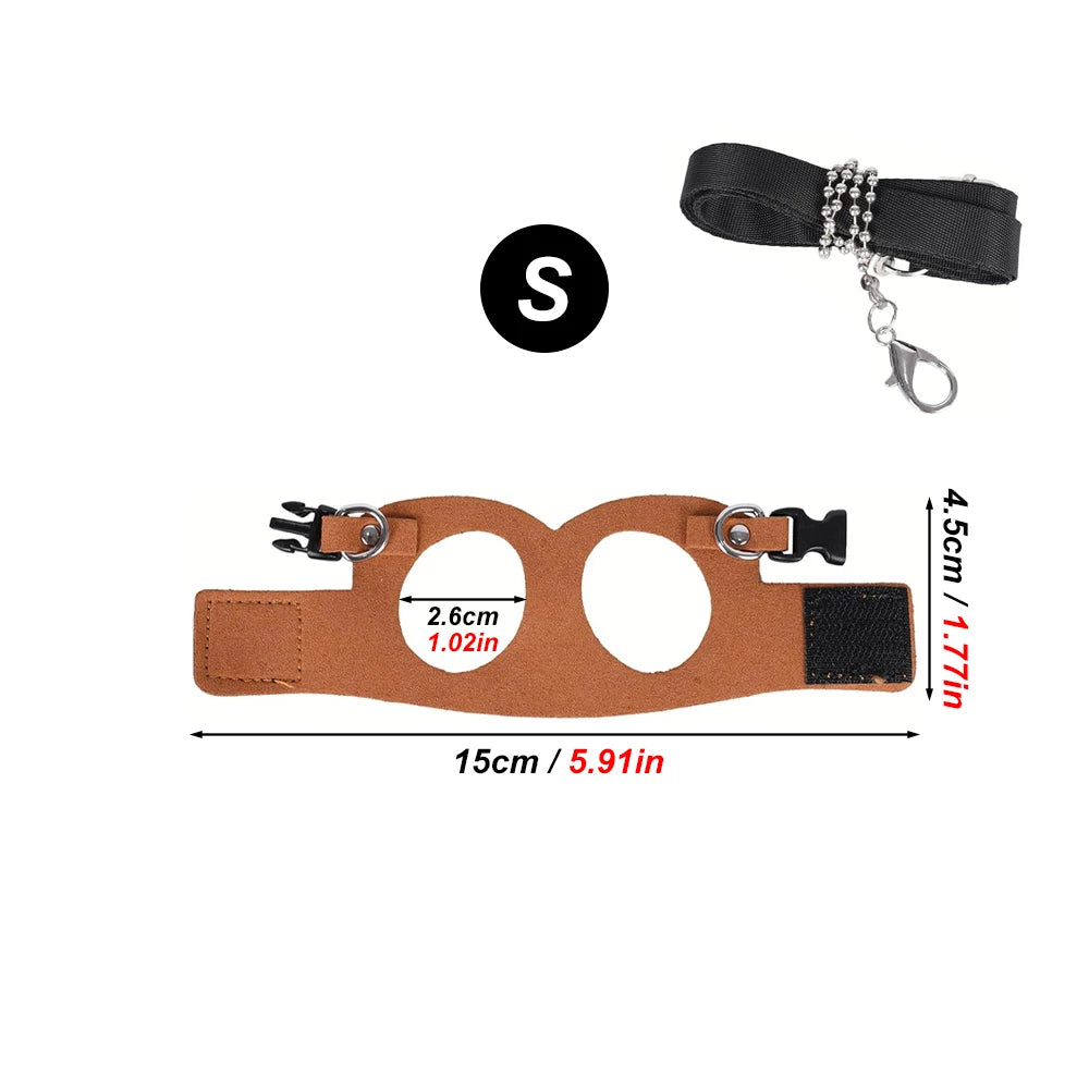 Small size brown squirrel harness with leash, includes measurements and secure buckle for outdoor pet control and comfort.