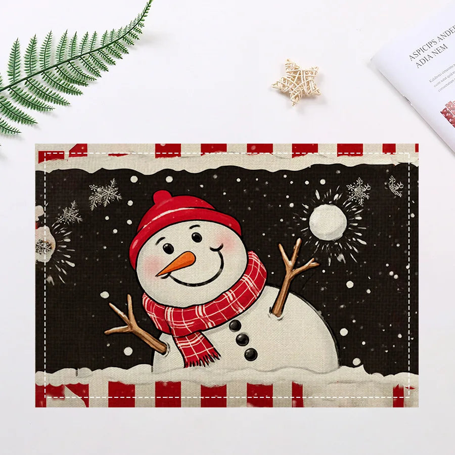 Smiling snowman placemat with festive background, part of holiday table mat set for Christmas dining ambiance.