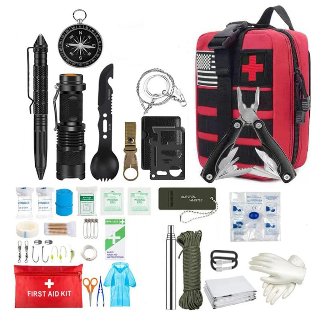 Red Survival First Aid Kit with trauma bag and emergency tools, ideal for outdoor adventures, camping, and emergency preparedness.