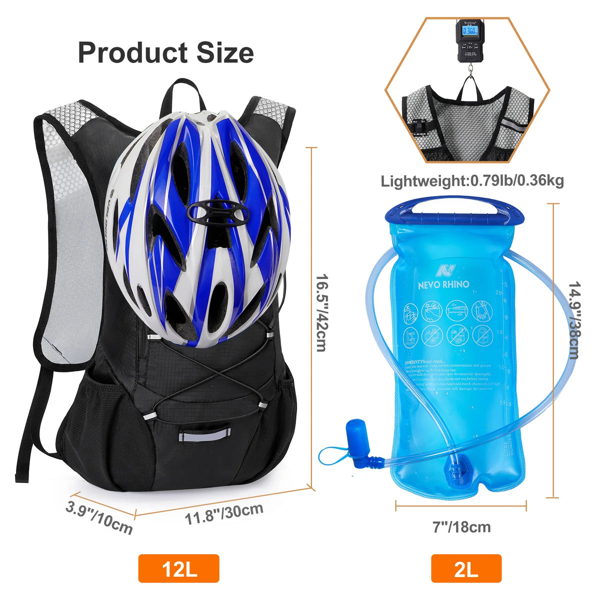 Hydration pack size chart showing 12L backpack with helmet holder and 2L bladder, lightweight and ideal for outdoor sports.