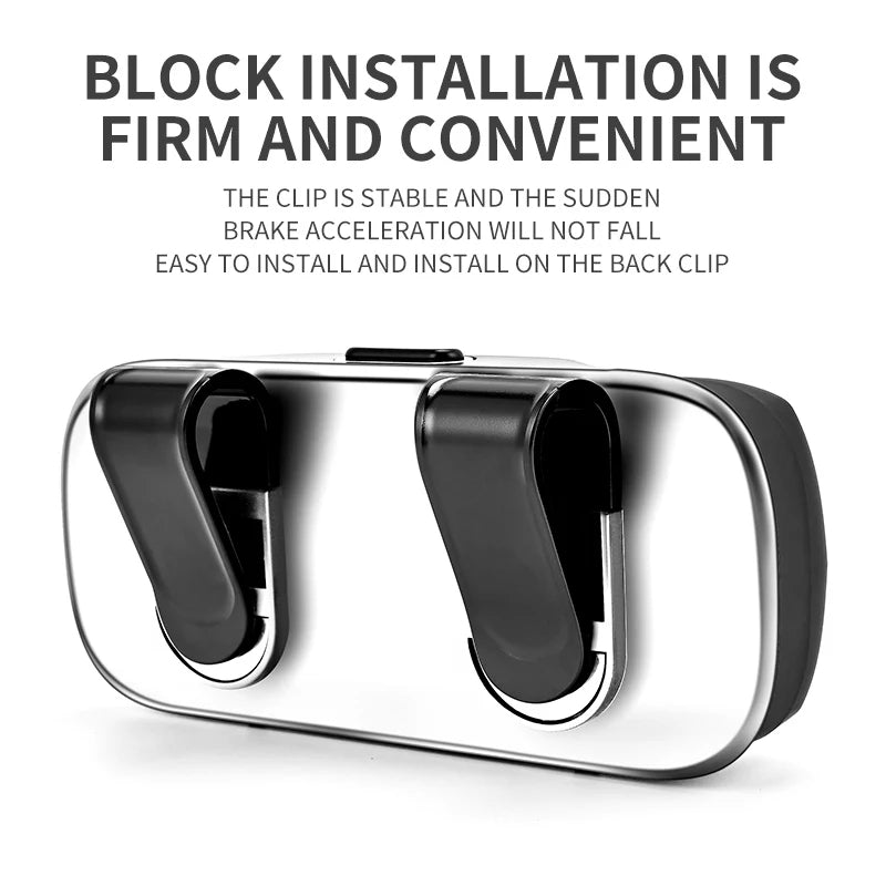 Rear view of car glasses holder showing dual clips for firm sun visor attachment. Easy to install and stable during sudden movements.