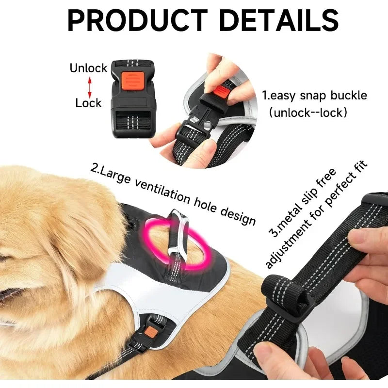 Close-up of no pull dog harness features including snap buckle, ventilation hole, and adjustable metal slip-free straps for secure fit.