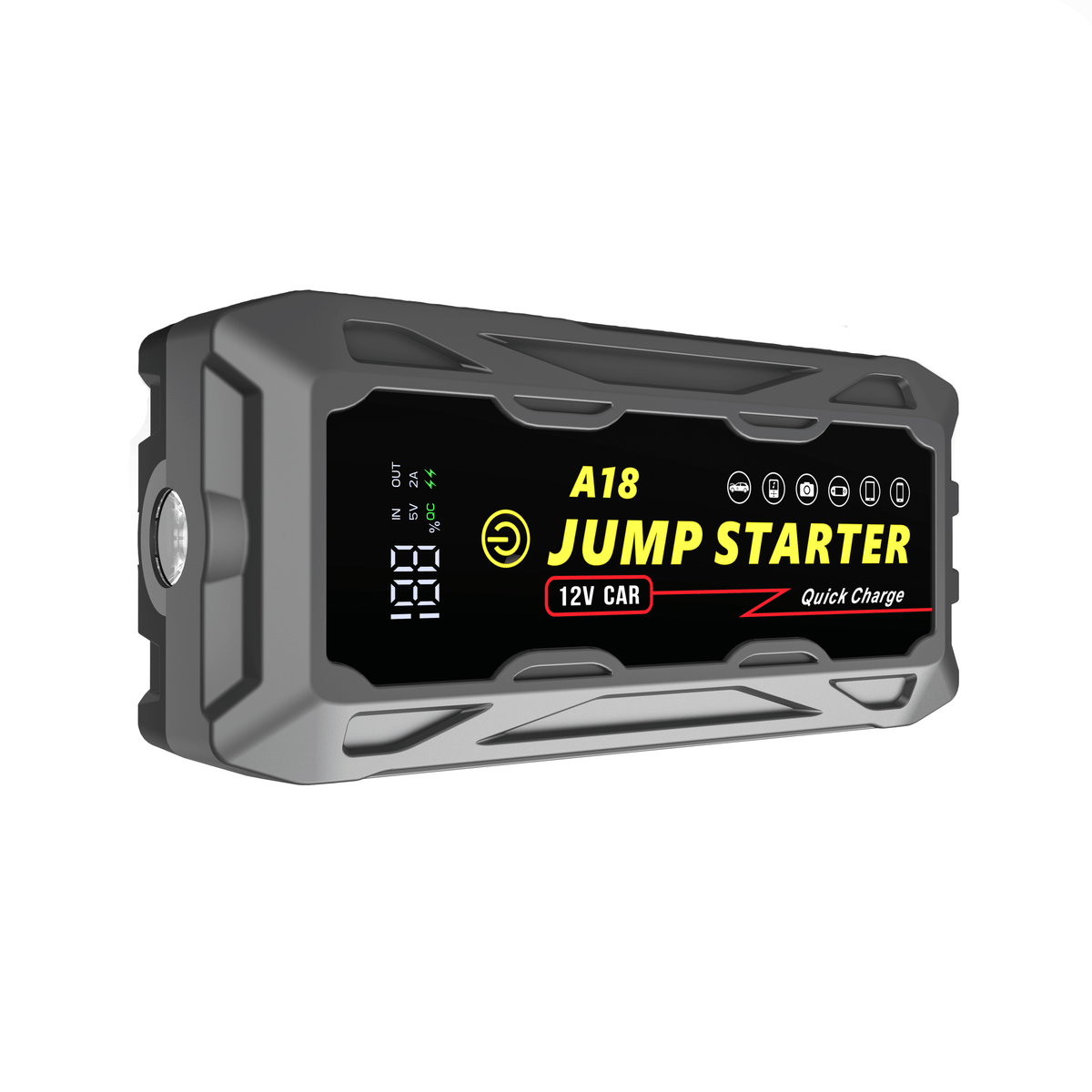 Side view of 3000A Jump Starter with PD66W Fast Charge 59200mWh showing LED display and flashlight, ideal for night roadside assistance.