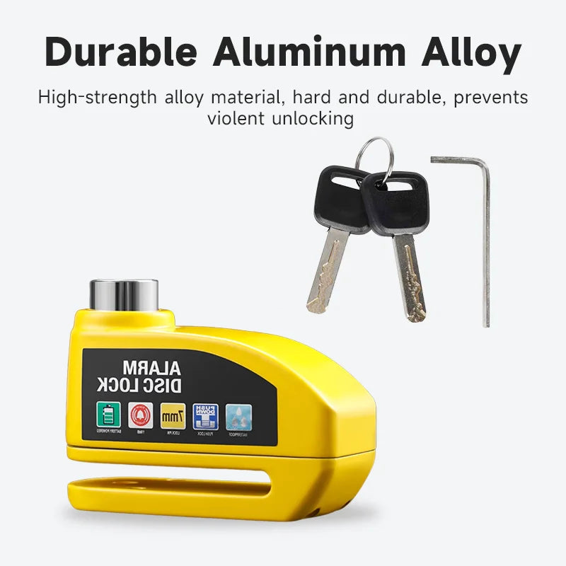Yellow aluminum alloy disc lock for electric scooters with anti-theft alarm, includes two keys and hex wrench for setup.