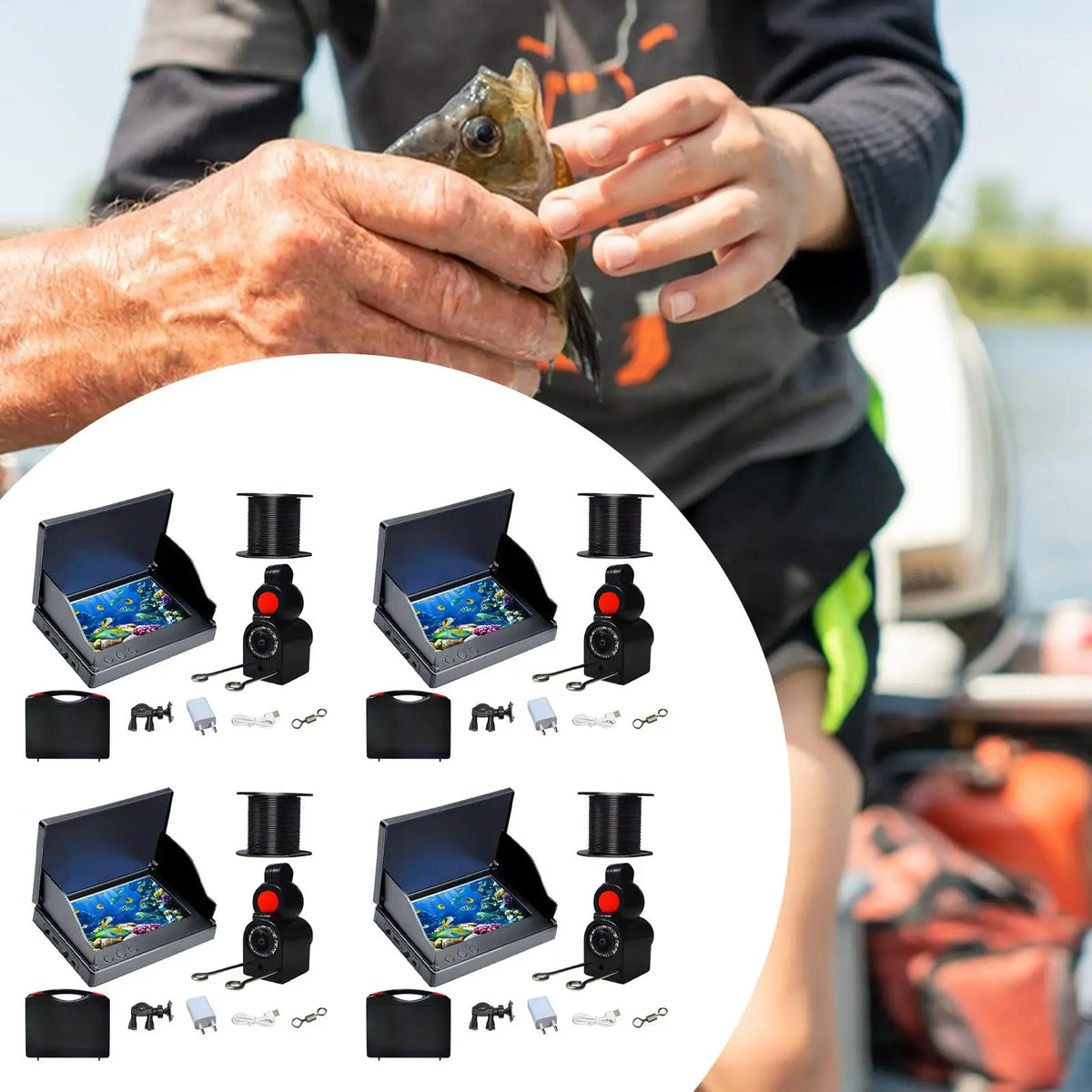 Fishing scene showcasing Waterproof Fishfinder Camera kit with 4.3-inch screen, enhancing underwater visibility and catch success.