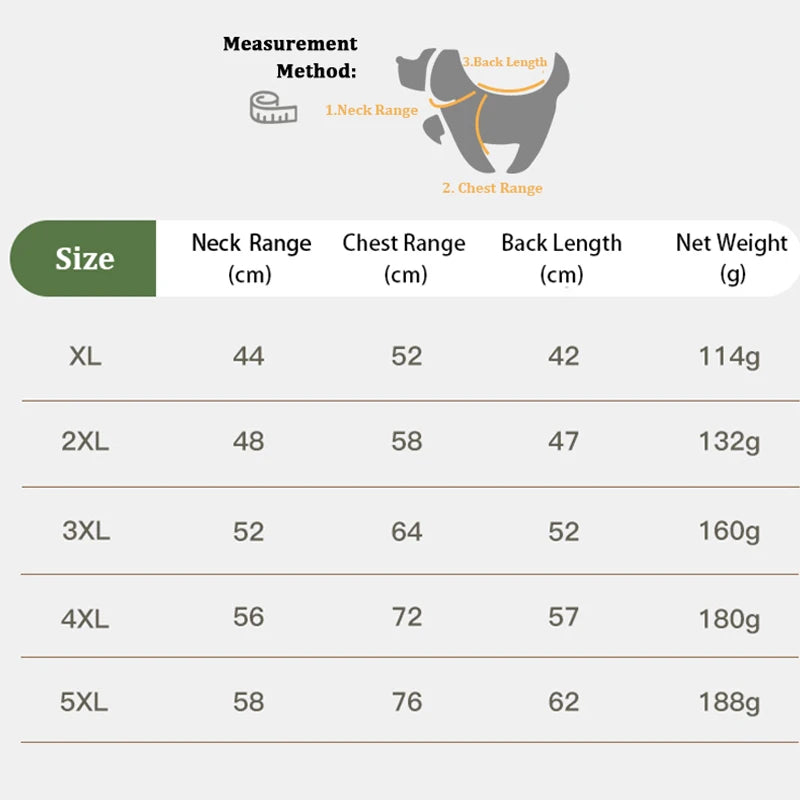 Size chart for Large Dog Winter Jacket showing neck, chest, and back measurements. Designed for large breeds like Labs and Dobermans.