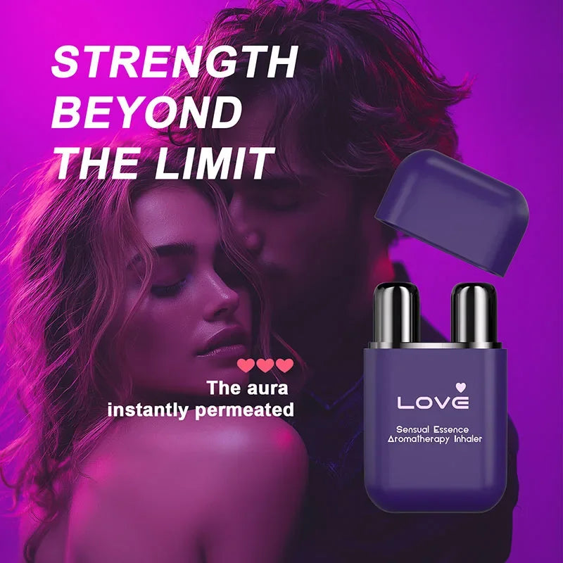 Sensory Essence Aromatherapy Inhaler with couple in close embrace, highlighting its aura-enhancing and intimacy-strengthening benefits.