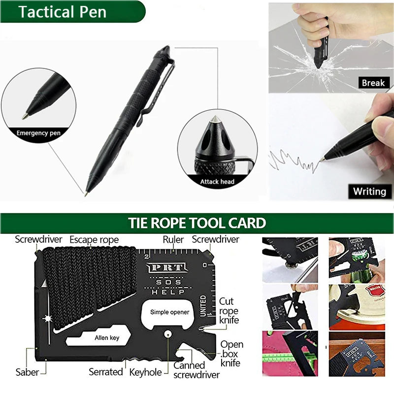 Close-up of tactical pen and tie rope tool card from Survival First Aid Kit, showcasing emergency writing and multi-tool functions.