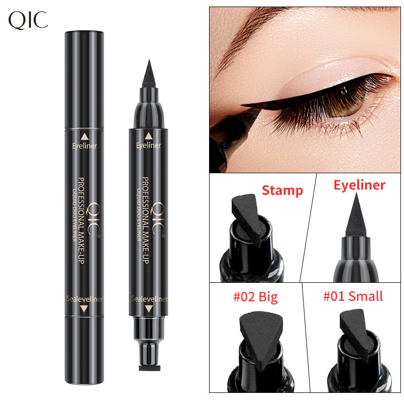 Detailed view of 2-Swipe Cat Eye Hack Dual-Ended Magic Wand with stamp and eyeliner tips in small and big sizes for waterproof cat eye makeup.
