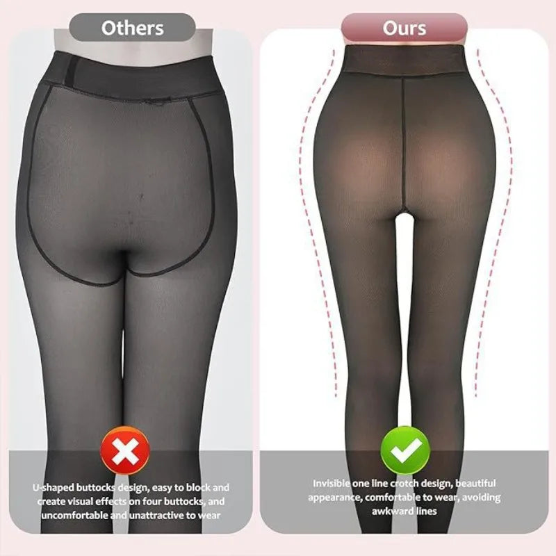 Comparison of fleece tights showing seamless crotch design for better comfort and appearance versus traditional styles.
