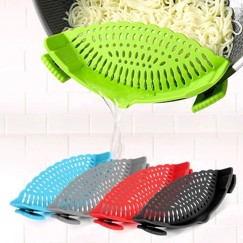 Silicone Strainer - Noodle Vegetable | Spill-Free Design in multiple colors draining noodles from a pot, ideal for kitchen convenience.