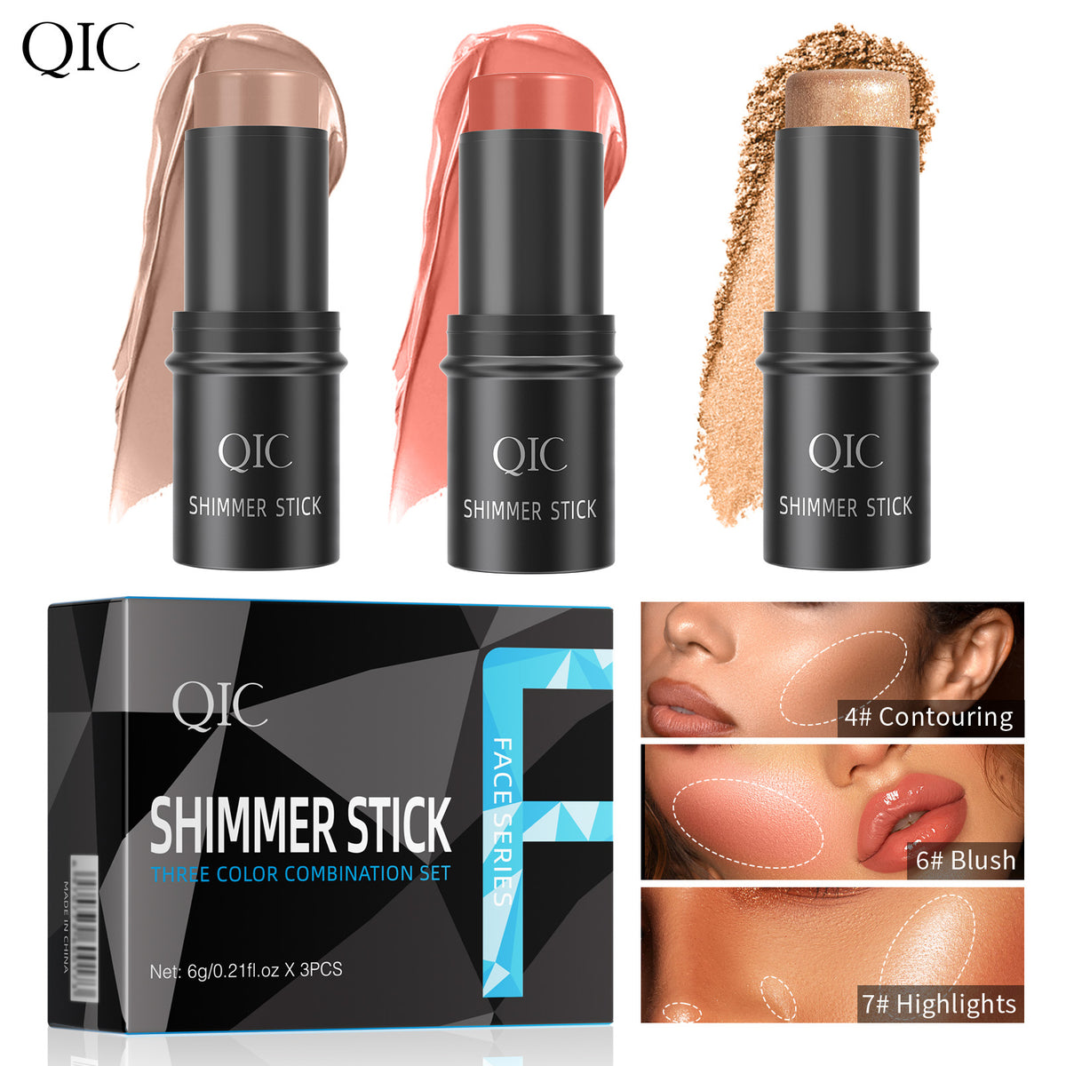 TRIPLE THREAT GLOW KIT featuring 3 shimmer sticks labeled for contour, blush, and highlight. Face map shows application zones.
