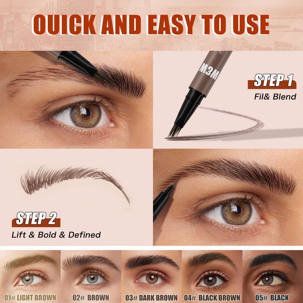 Step-by-step eyebrow application guide using dual-ended pencil, with shade options for different hair colors and natural brow results.