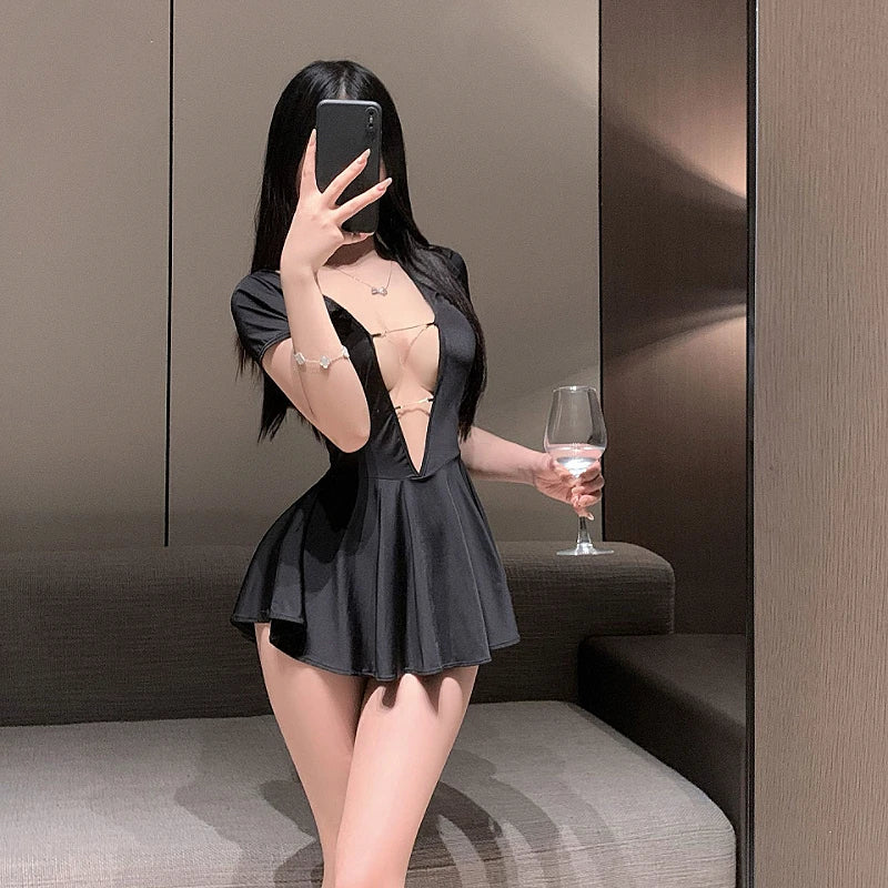 Women black V-neck chain dress with deep plunge neckline and flared skirt, ideal for sexy lingerie or nightclub erotic costume wear.