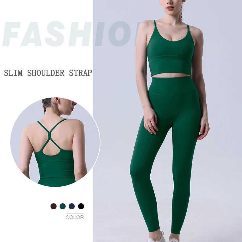 Green yoga tracksuit for women with slim shoulder straps and color options, designed for fashion-forward fitness wear.