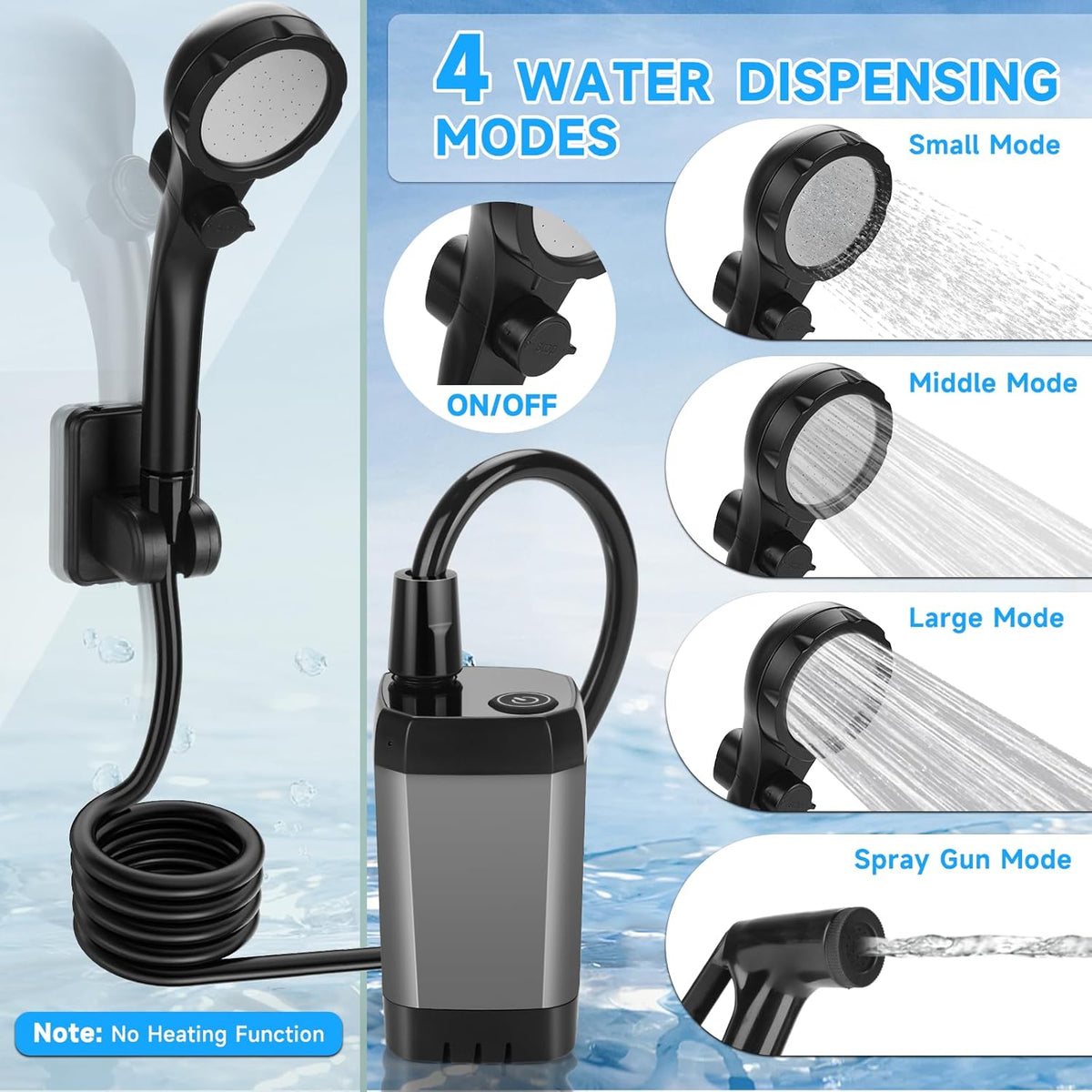 Camping shower head with four water dispensing modes including small, middle, large, and spray gun for versatile outdoor showering.