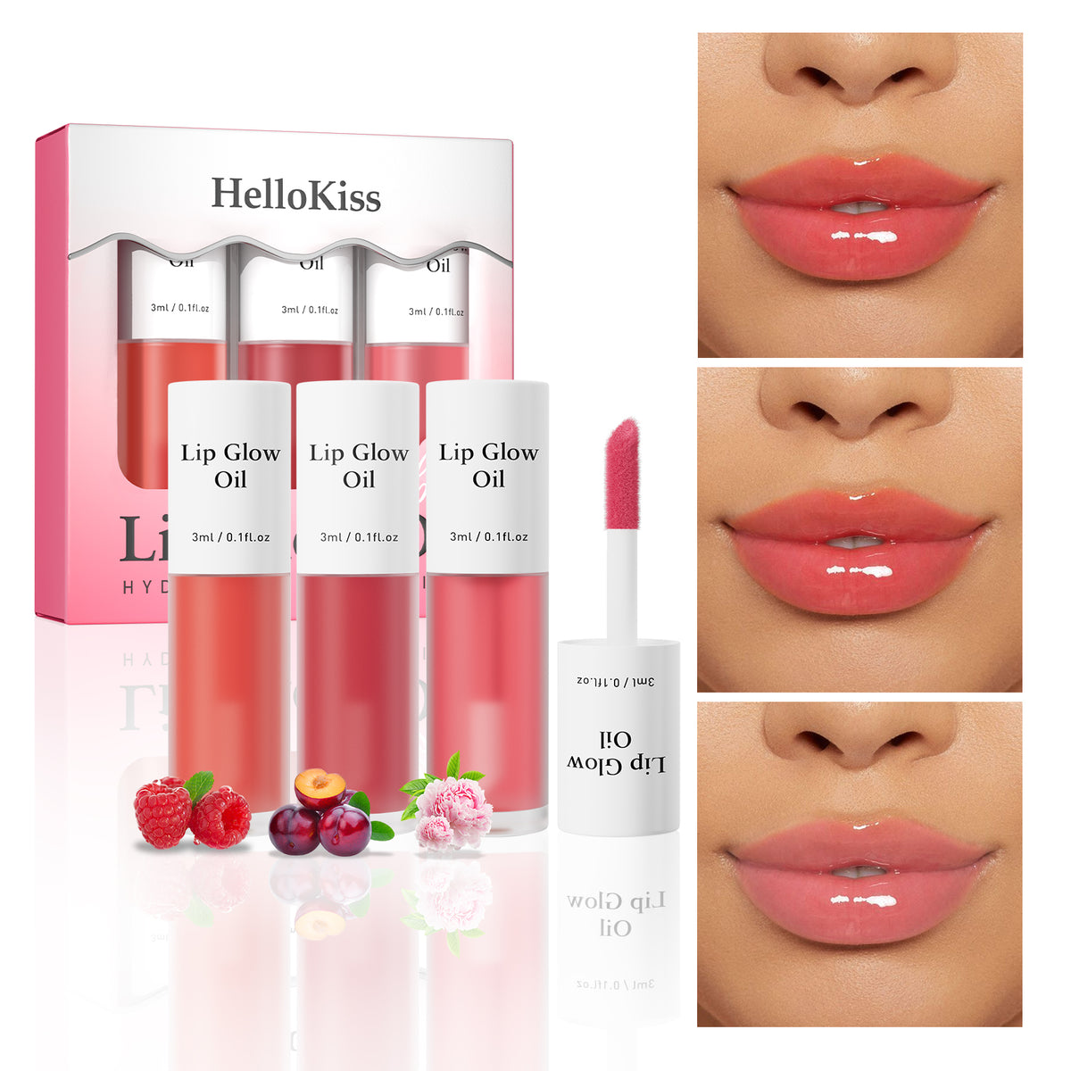 Hydrating Scented Lip Oil Stain Set with three fruity glosses and lip swatches showing glossy, plump finish on lips.