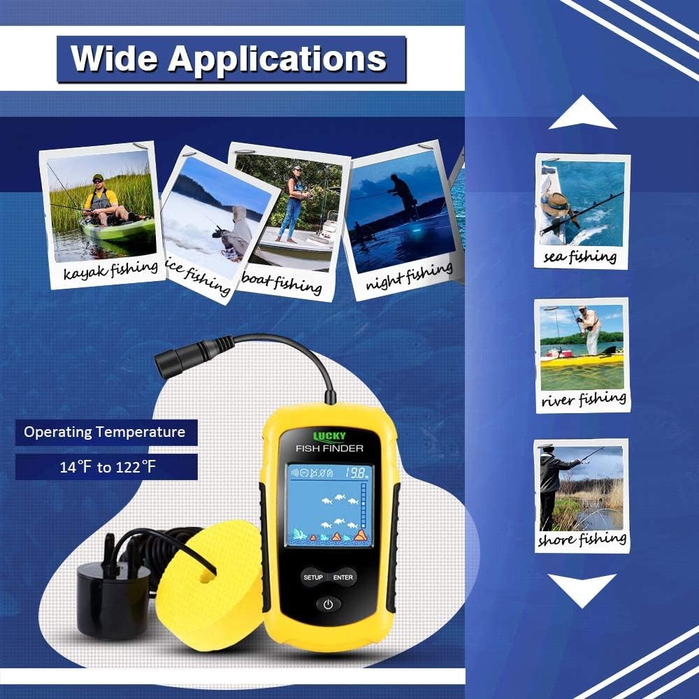 Versatile kayak fish finder with castable sonar transducer for sea, river, lake, and shore fishing, operating in temperatures from 14°F to 122°F.