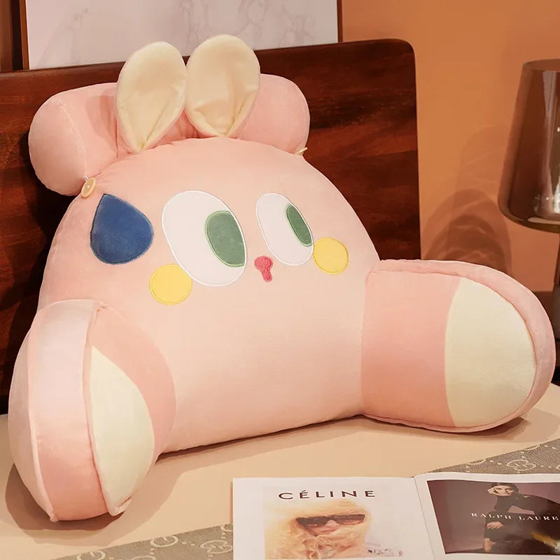 Pink bunny cartoon sofa backrest pillow with large eyes and floppy ears, providing lumbar support and playful decor.