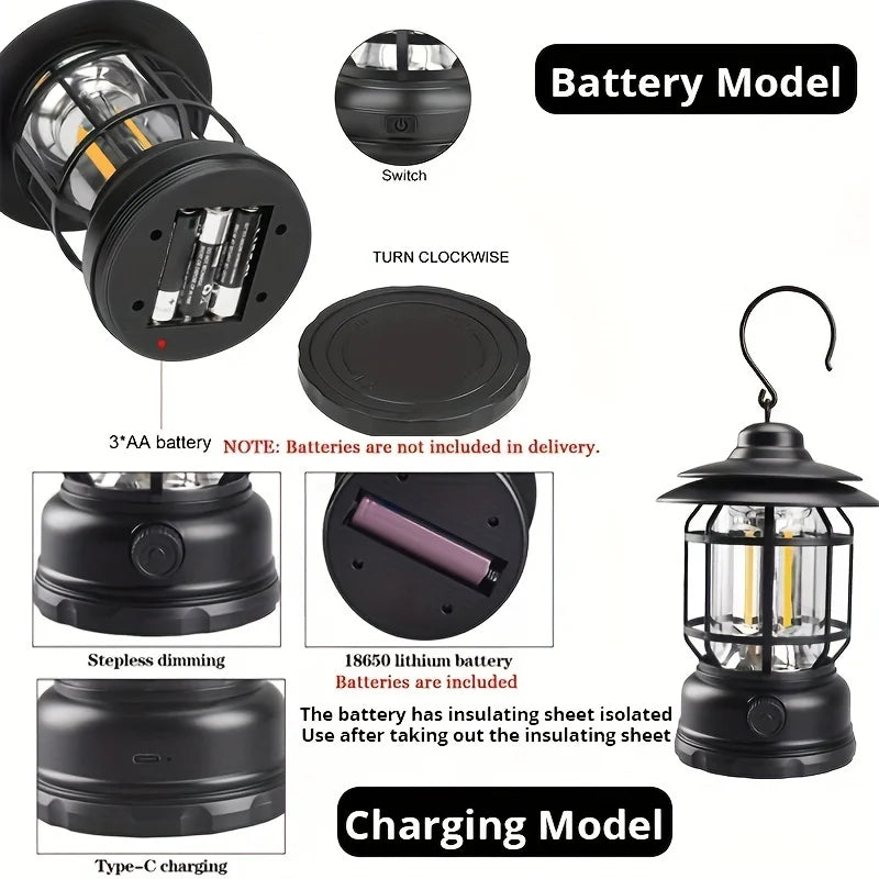 Rechargeable retro camping lantern with battery and charging model comparison, showing AA and 18650 battery options with dimming.