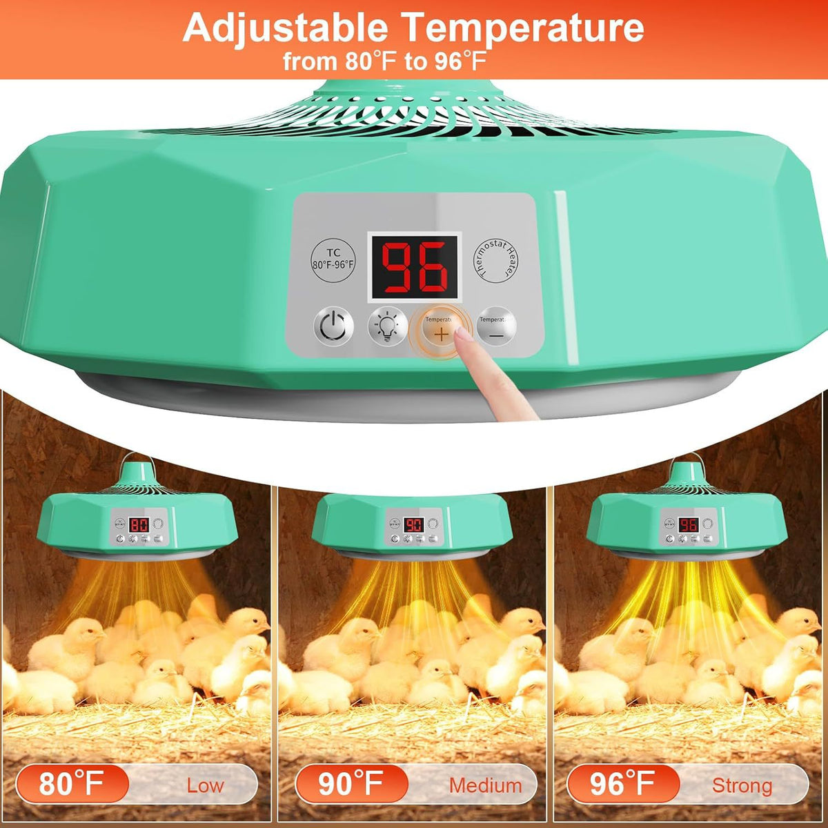 Adjustable Poultry Incubator Heating Lamp showing temperature settings from 80°F to 96°F for optimal chick incubation and warmth control.